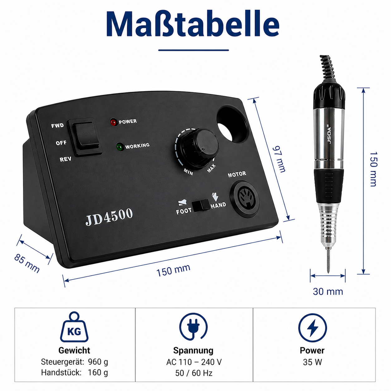 JSDA® JD4500 elektrische Nagelfräser | 30.000 U/min | Fußpedal