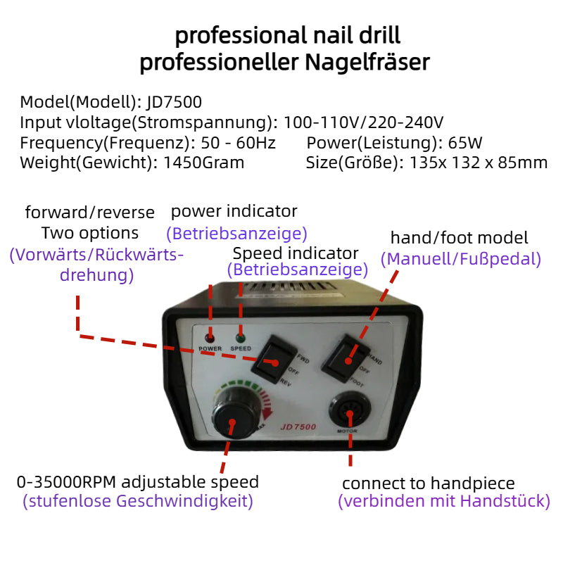 JSDA® JD7500 Nagelfräser | 35.000 U/min | Fußpedal
