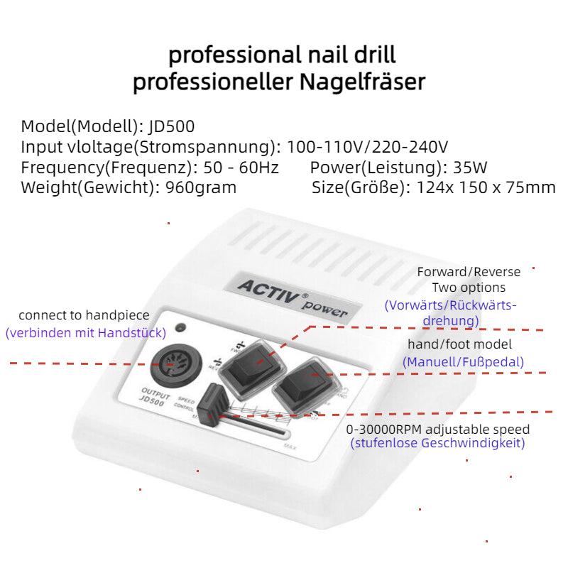 JSDA® JD500 elektrische Nagelfräser  | 30.000 U/min | Fußpedal