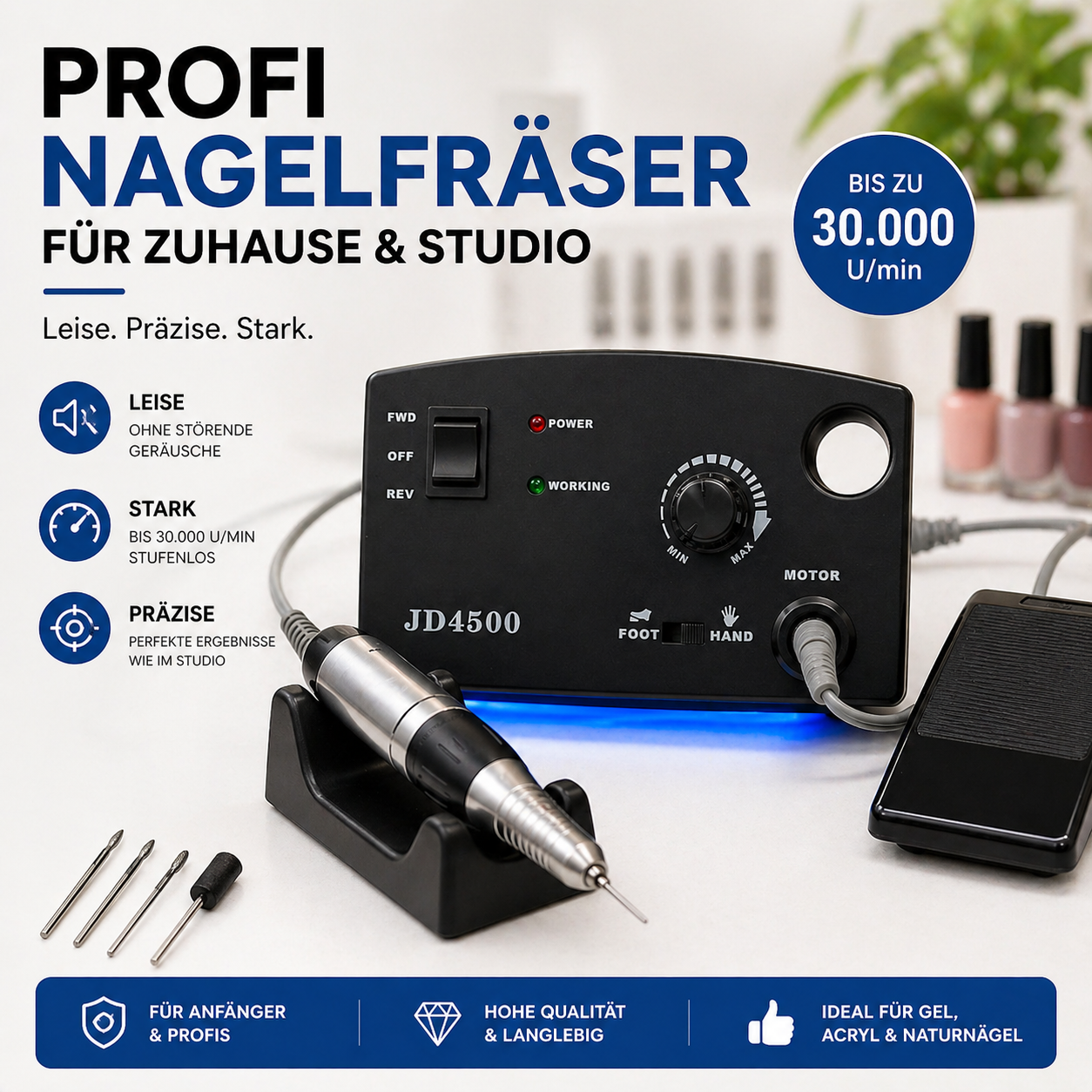 JSDA® JD4500 elektrische Nagelfräser | 30.000 U/min | Fußpedal