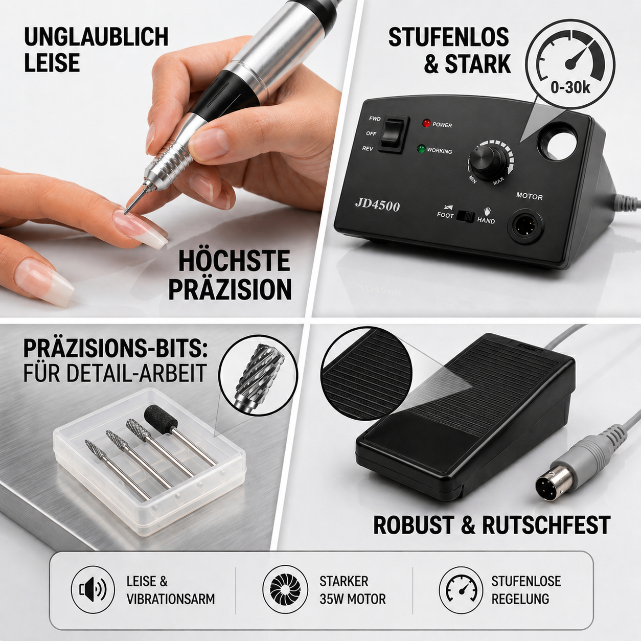 JSDA® JD4500 elektrische Nagelfräser | 30.000 U/min | Fußpedal