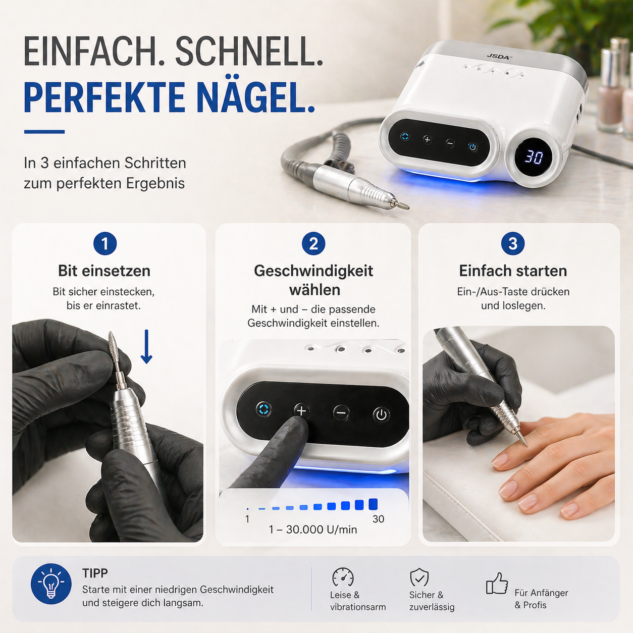 JSDA® JD600 elektrische Nagelfräser | 30.000 U/min | LCD-Touch