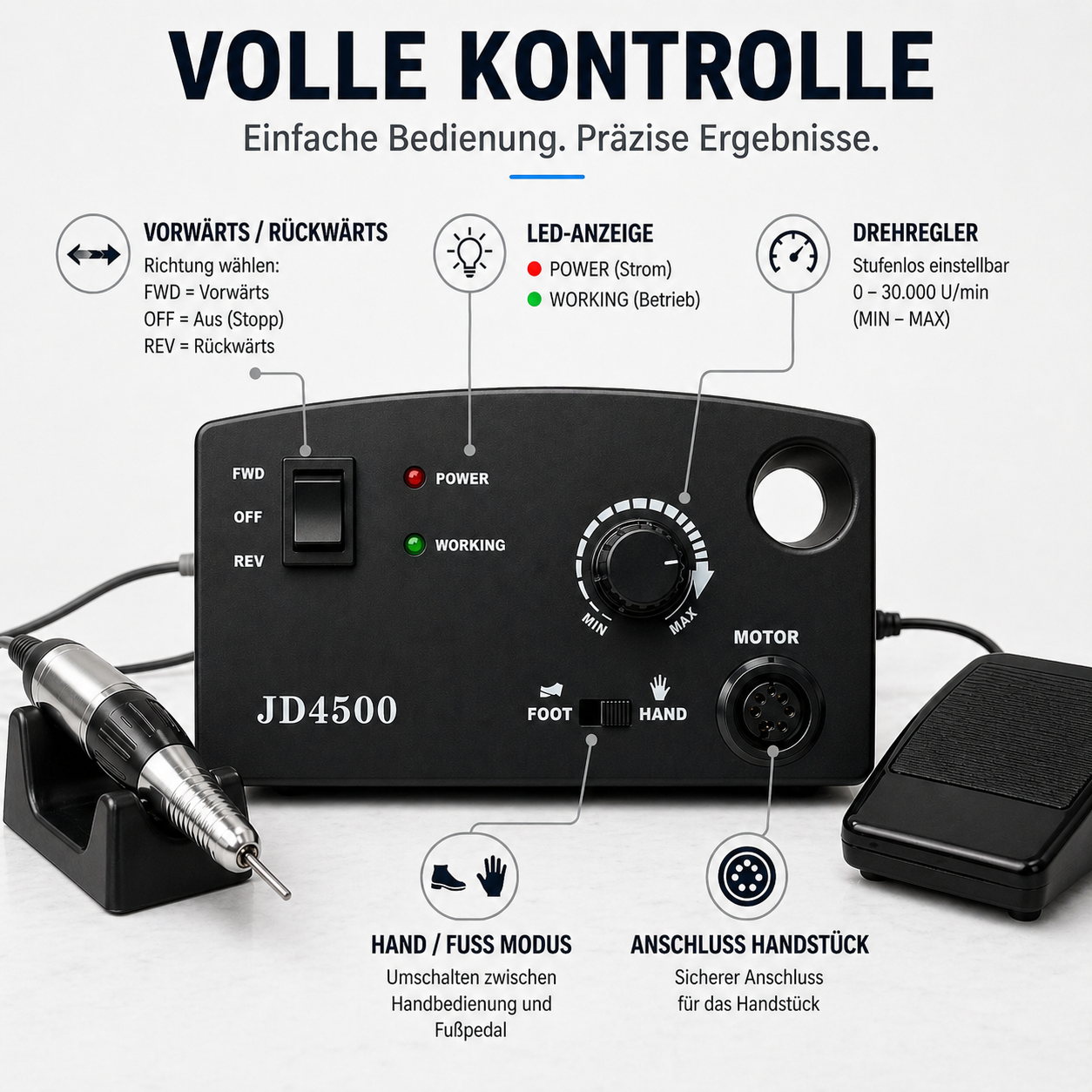 JSDA® JD4500 elektrische Nagelfräser | 30.000 U/min | Fußpedal