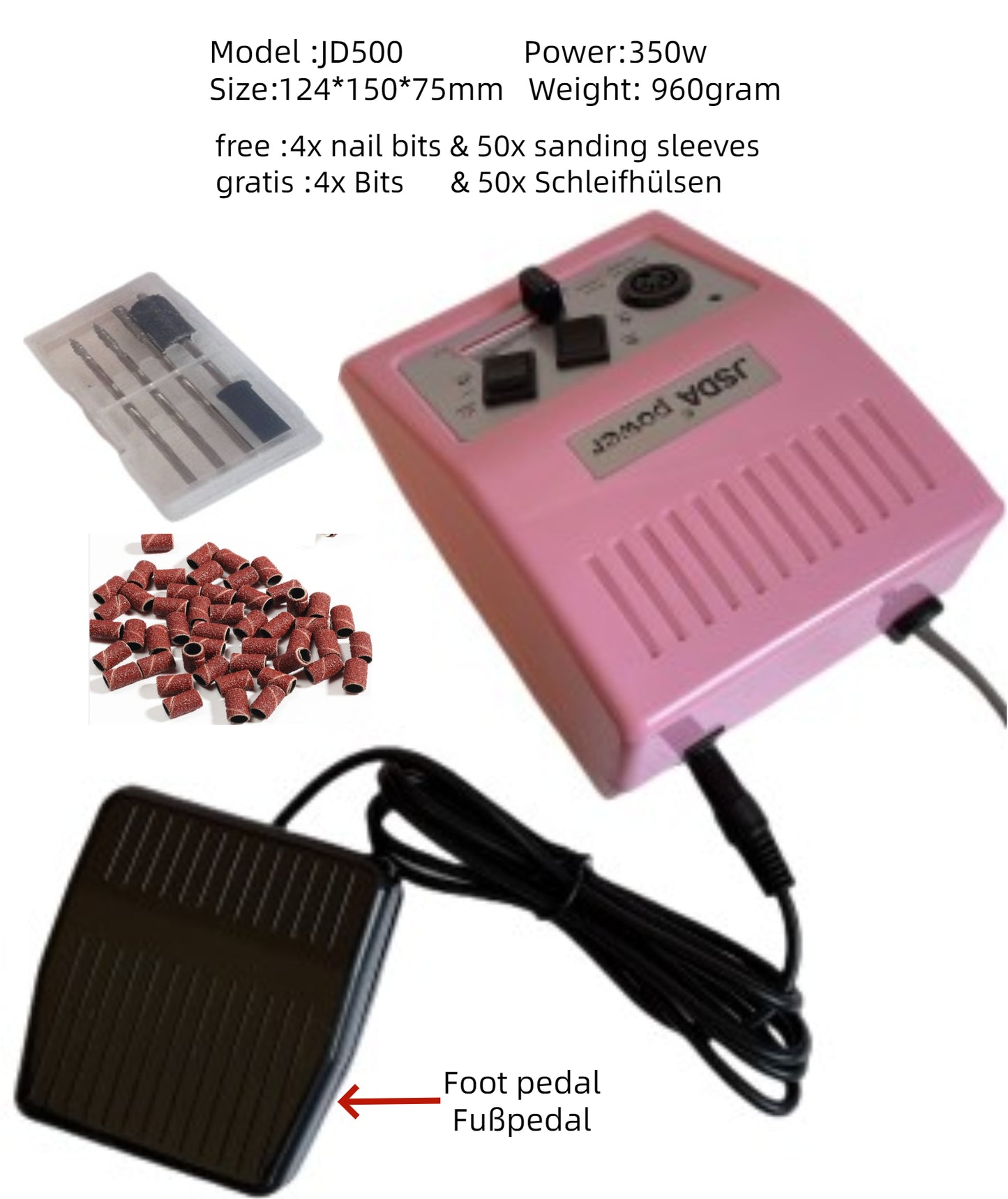JSDA® JD500 elektrische Nagelfräser  | 30.000 U/min | Fußpedal