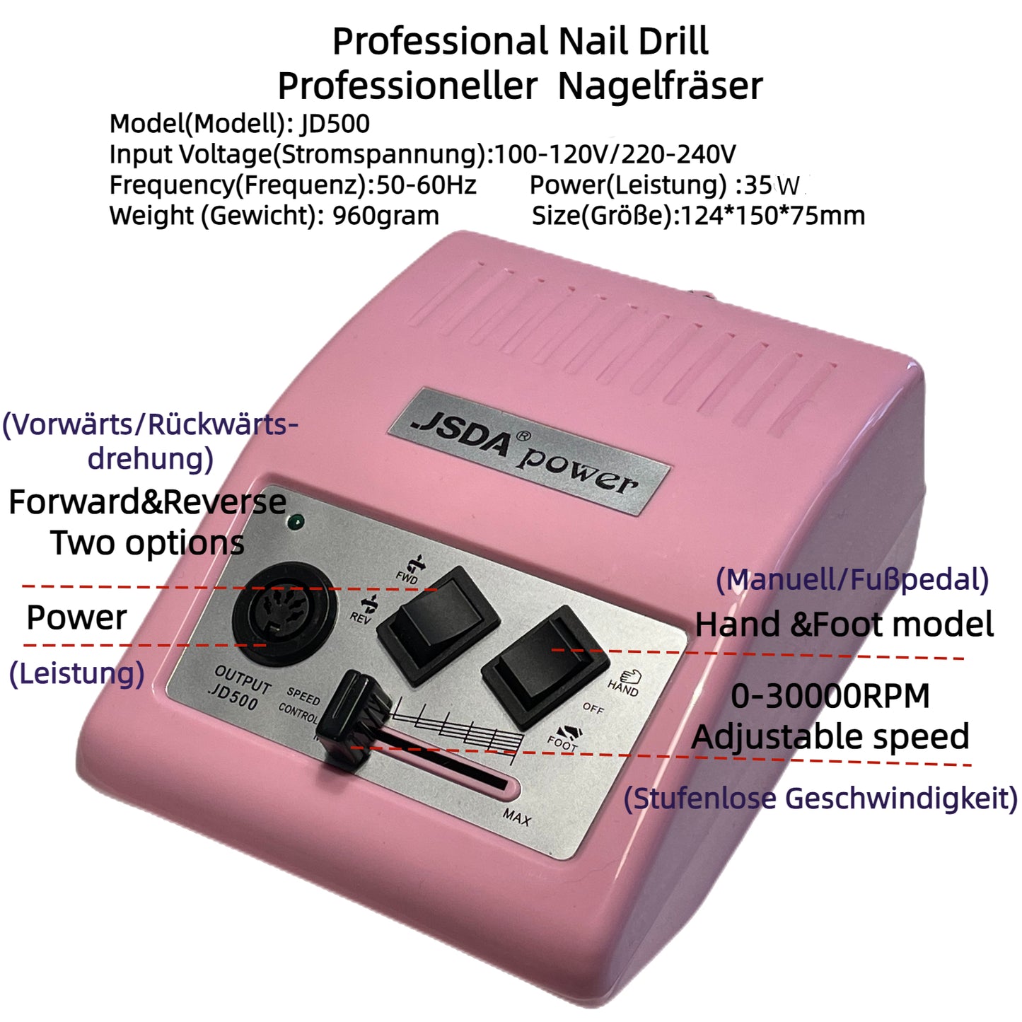 JSDA® JD500 elektrische Nagelfräser  | 30.000 U/min | Fußpedal